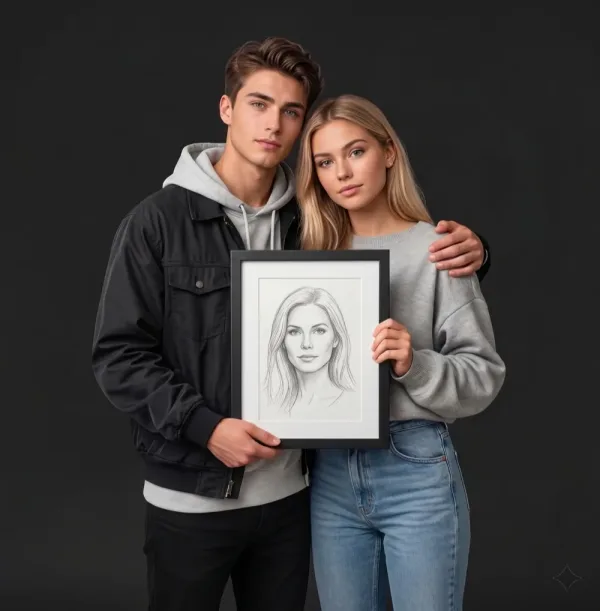 Young couple holding a soulmate sketch