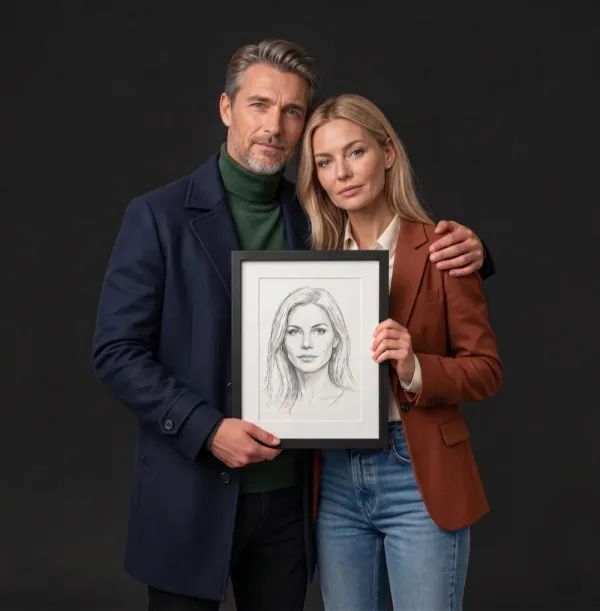 Couple in their forties holding a soulmate sketch
